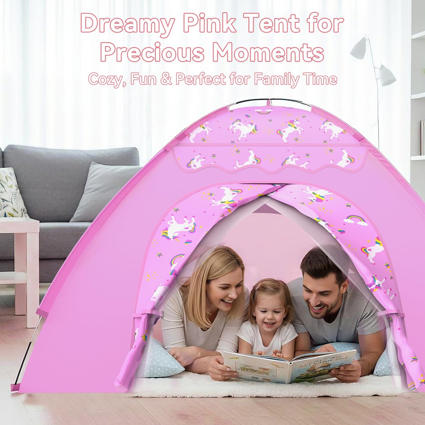 Unicorn Play Tent for Girls, Extra Large 70"x45"x43" Kids Indoor Playhouse, Lavender Pink Dreamy Tent with Rainbow & Unicorn Prints, Foldable, Easy Setup for 2–4 Kids, Birthday Gift Indoor Play