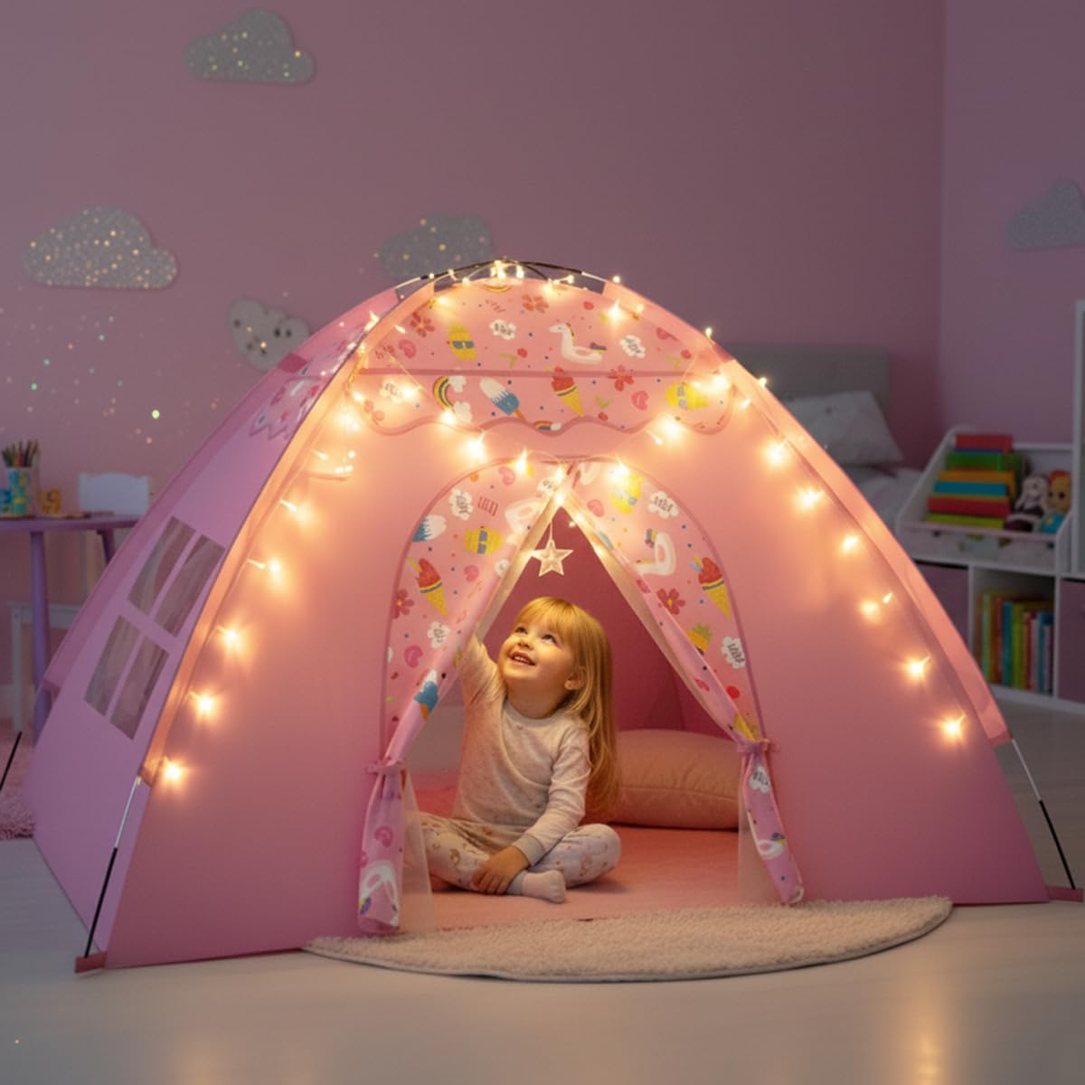 Kids Play Tent, Extra Large Unicorn Playhouse for Girls with Star String Lights, 70"x45"x43" Pink Tent with Ice Cream & Fruit Prints, Foldable Indoor Play Tent, Tunnel-Ready, Easy Setup