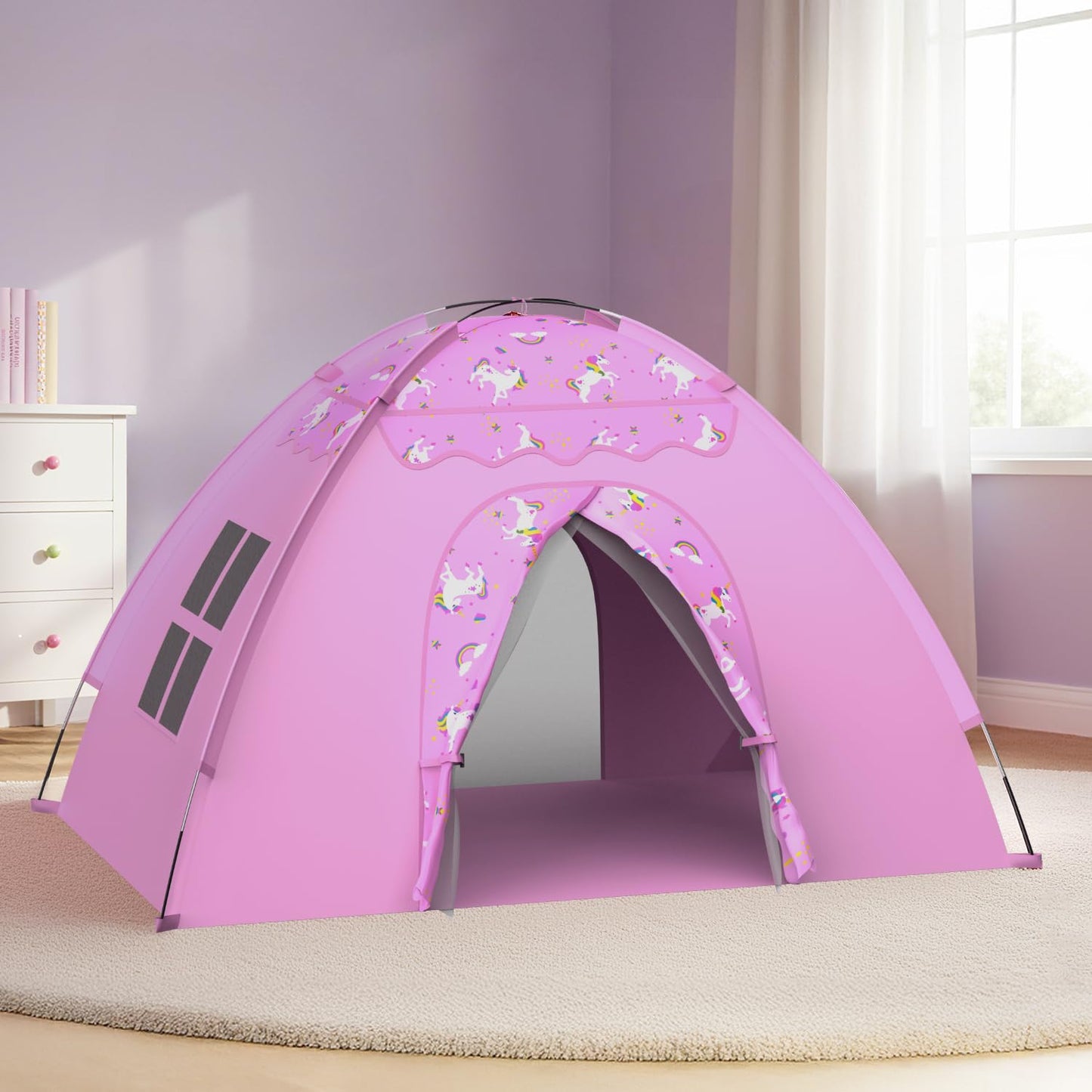 Unicorn Play Tent for Girls, Extra Large 70"x45"x43" Kids Indoor Playhouse, Lavender Pink Dreamy Tent with Rainbow & Unicorn Prints, Foldable, Easy Setup for 2–4 Kids, Birthday Gift Indoor Play