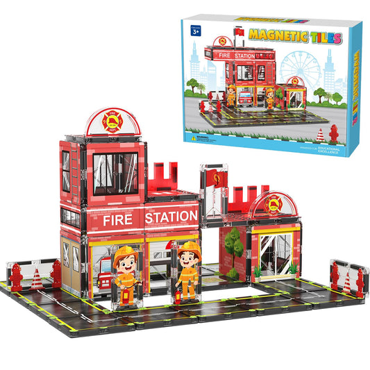 Magnetic Tiles, 50PCS Fire Station Theme Building Blocks Set, Magnet Building Blocks and STEM Preschool Toys for Toddlers Kids Ages 3-5 5-7 8-10