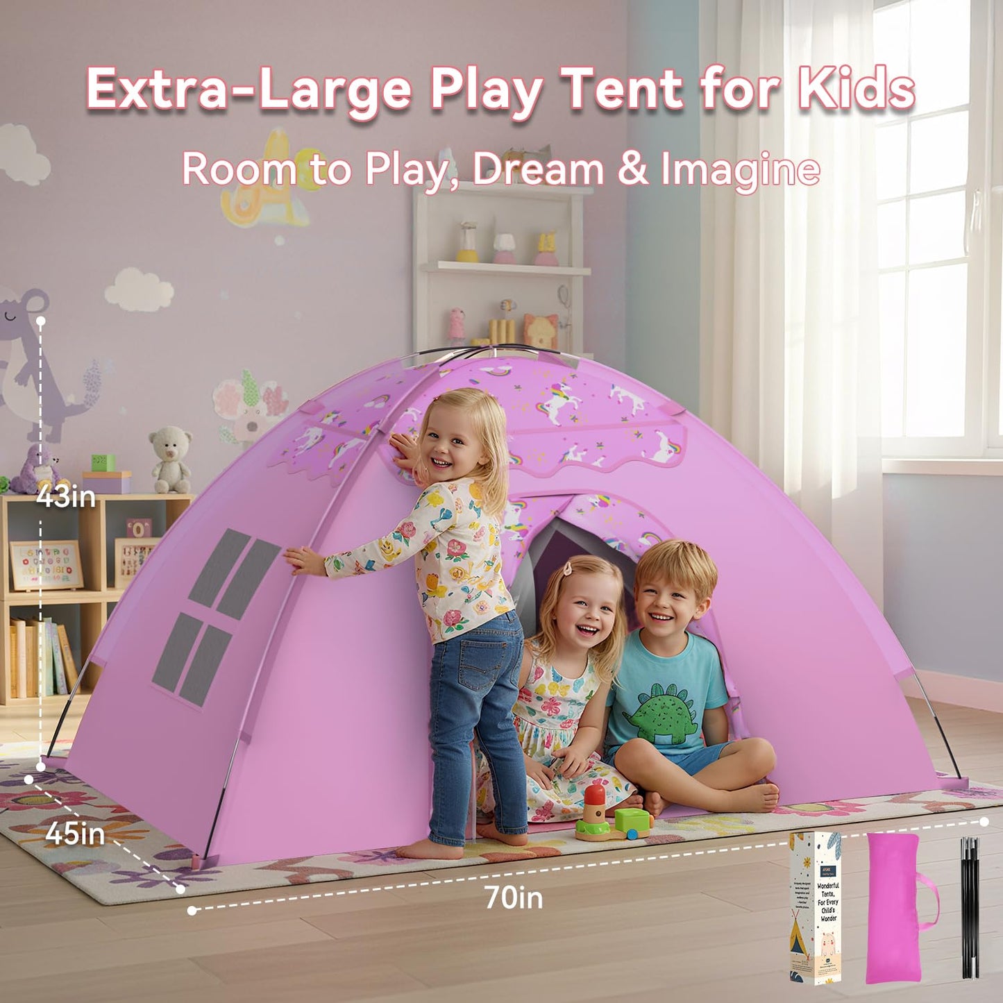 Unicorn Play Tent for Girls, Extra Large 70"x45"x43" Kids Indoor Playhouse, Lavender Pink Dreamy Tent with Rainbow & Unicorn Prints, Foldable, Easy Setup for 2–4 Kids, Birthday Gift Indoor Play