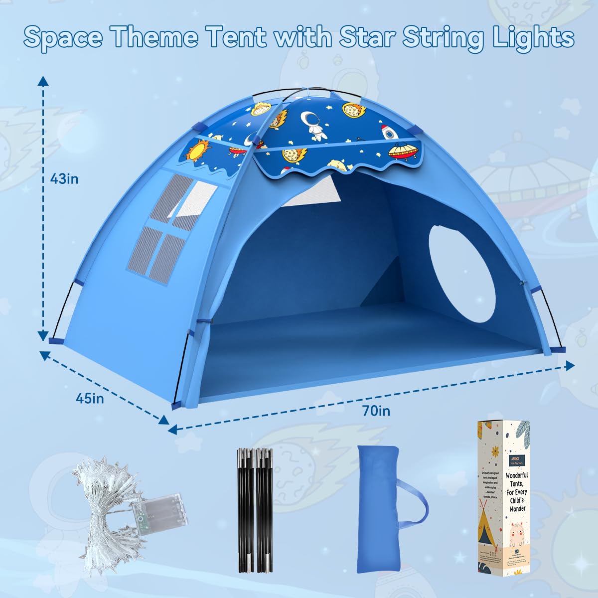 Kids Play Tent, Space Theme Tent with Star String Lights, 70" x 45" x 43" Blue Foldable Playhouse for Boys and Girls, Extra Large House for Imaginative Play,Tunnel Port
