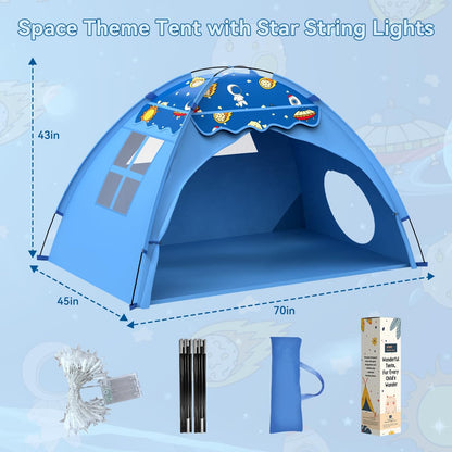 Kids Play Tent, Space Theme Tent with Star String Lights, 70" x 45" x 43" Blue Foldable Playhouse for Boys and Girls, Extra Large House for Imaginative Play,Tunnel Port
