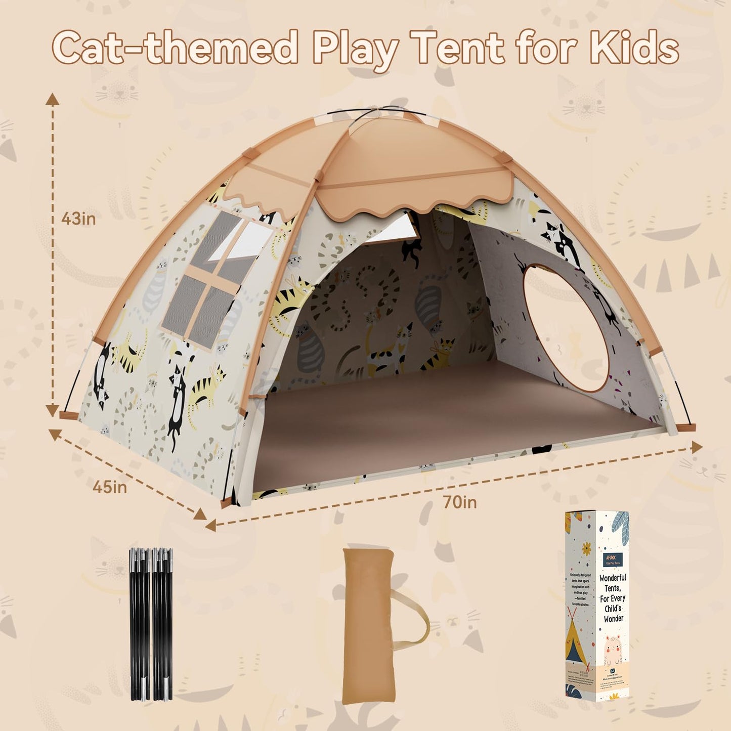 Kids Play Tent, Indoor Cat Theme Teepee House, Extra Large 70" x 45" x 43" Portable Foldable Playhouse,Kids Toys Playhouse for Boys & Girls, Gift for Birthday Christmas