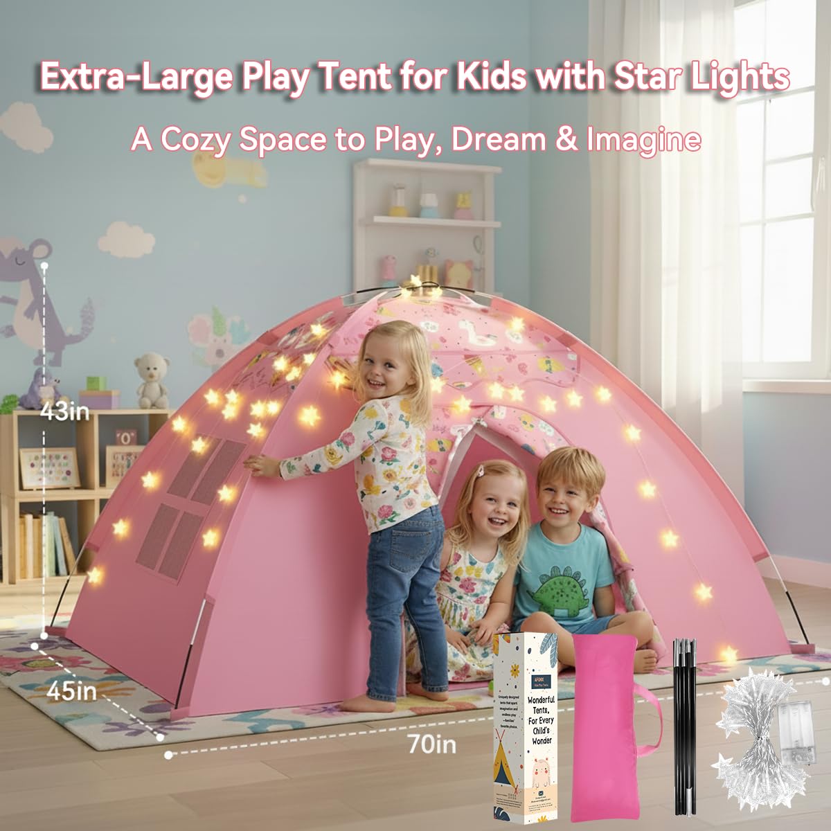 Kids Play Tent, Extra Large Unicorn Playhouse for Girls with Star String Lights, 70"x45"x43" Pink Tent with Ice Cream & Fruit Prints, Foldable Indoor Play Tent, Tunnel-Ready, Easy Setup
