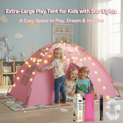 Kids Play Tent, Extra Large Unicorn Playhouse for Girls with Star String Lights, 70"x45"x43" Pink Tent with Ice Cream & Fruit Prints, Foldable Indoor Play Tent, Tunnel-Ready, Easy Setup