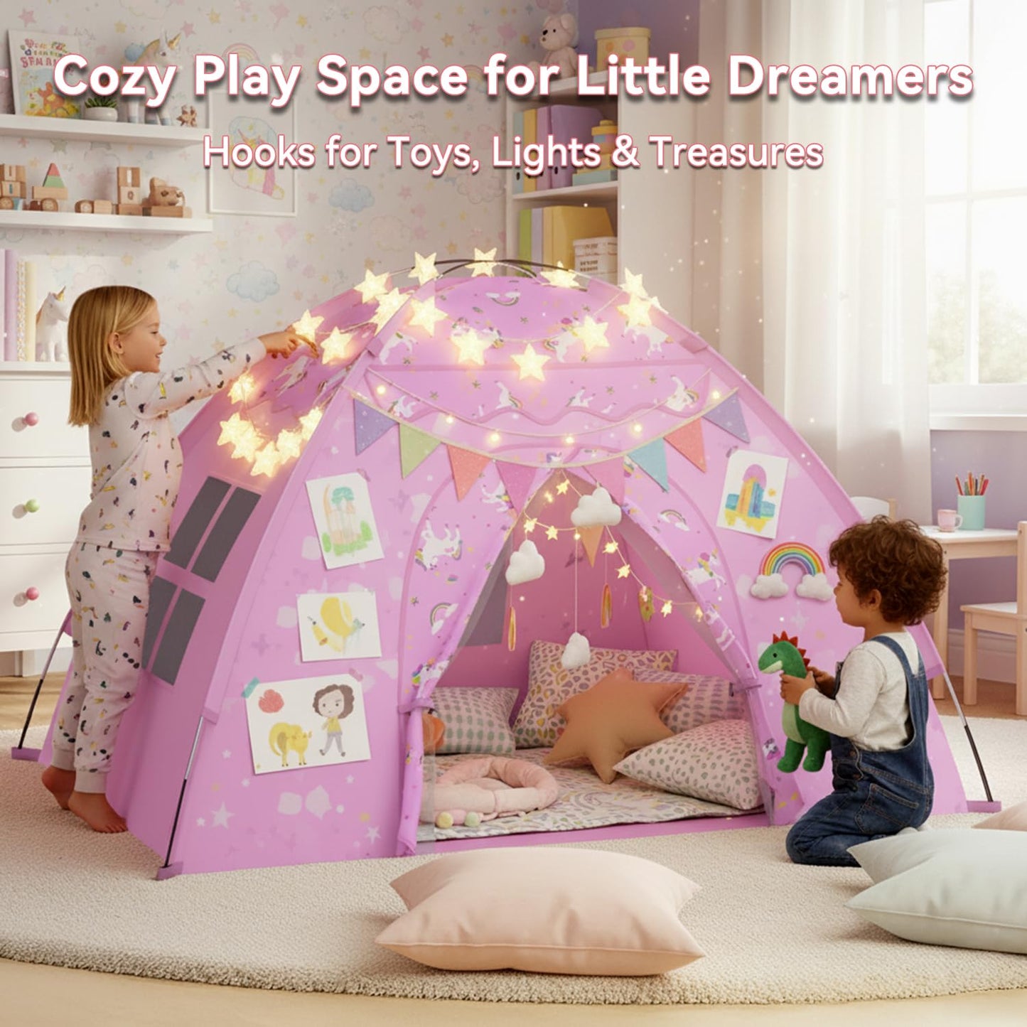 Unicorn Play Tent for Girls, Extra Large 70"x45"x43" Kids Indoor Playhouse, Lavender Pink Dreamy Tent with Rainbow & Unicorn Prints, Foldable, Easy Setup for 2–4 Kids, Birthday Gift Indoor Play
