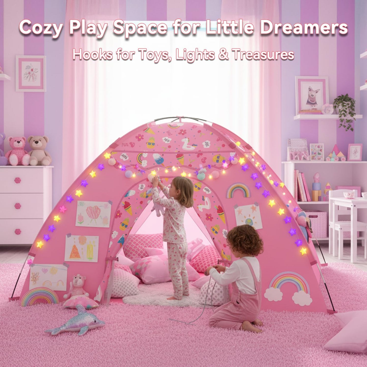 Kids Play Tent, Extra Large Unicorn Playhouse for Girls, 70"x45"x43" Pink Kids Playhouse with Cute Ice Cream & Fruit Prints, Foldable Indoor Play Space, Tunnel-Ready Design, Easy Setup Gift Idea
