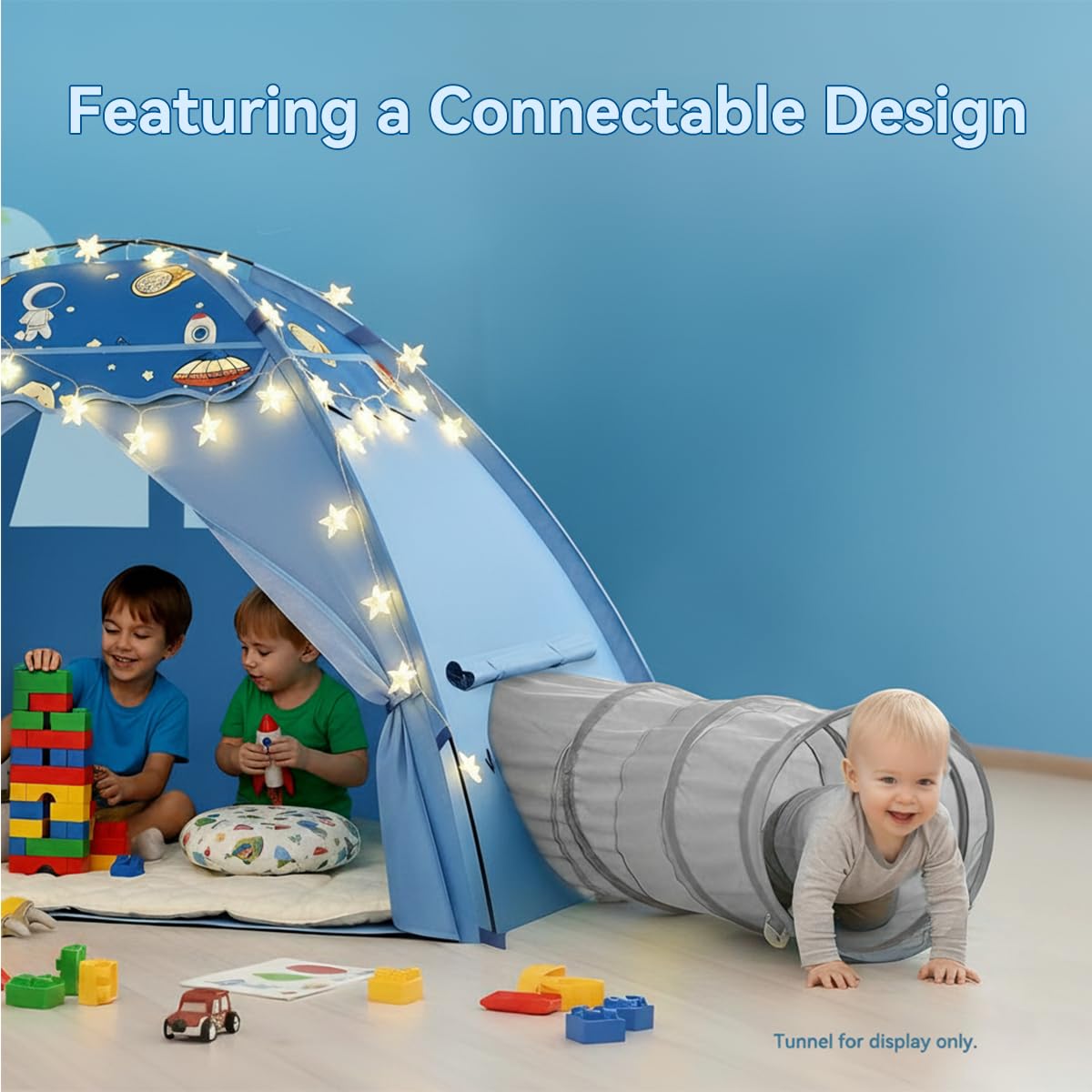 Kids Play Tent, Space Theme Tent with Star String Lights, 70" x 45" x 43" Blue Foldable Playhouse for Boys and Girls, Extra Large House for Imaginative Play,Tunnel Port