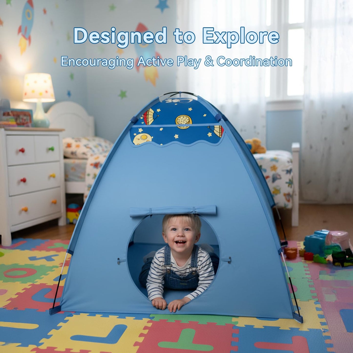 Kids Play Tent, Space Theme Indoor Tent with Tunnel Port, Foldable Playhouse for Boys and Girls, Ideal House for Imaginative Play,Perfect Kid’s Gift- 70" x 45" x 43"