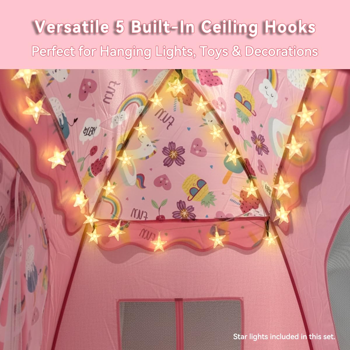 Kids Play Tent, Extra Large Unicorn Playhouse for Girls with Star String Lights, 70"x45"x43" Pink Tent with Ice Cream & Fruit Prints, Foldable Indoor Play Tent, Tunnel-Ready, Easy Setup