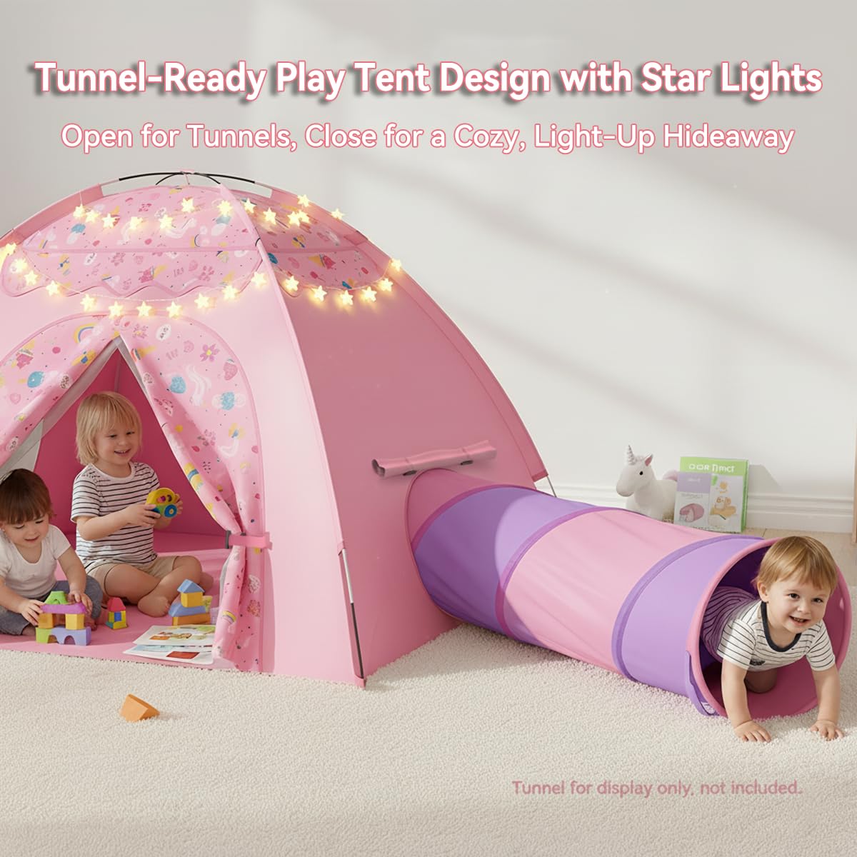 Kids Play Tent, Extra Large Unicorn Playhouse for Girls with Star String Lights, 70"x45"x43" Pink Tent with Ice Cream & Fruit Prints, Foldable Indoor Play Tent, Tunnel-Ready, Easy Setup