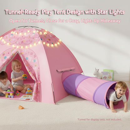 Kids Play Tent, Extra Large Unicorn Playhouse for Girls with Star String Lights, 70"x45"x43" Pink Tent with Ice Cream & Fruit Prints, Foldable Indoor Play Tent, Tunnel-Ready, Easy Setup