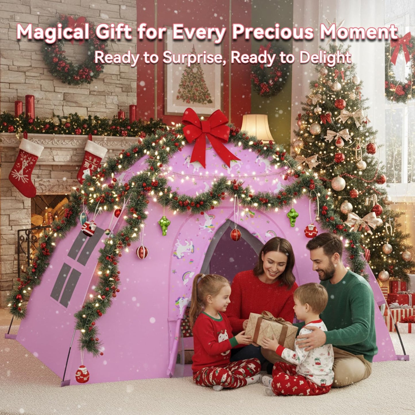 Unicorn Play Tent for Girls, Extra Large 70"x45"x43" Kids Indoor Playhouse, Lavender Pink Dreamy Tent with Rainbow & Unicorn Prints, Foldable, Easy Setup for 2–4 Kids, Birthday Gift Indoor Play