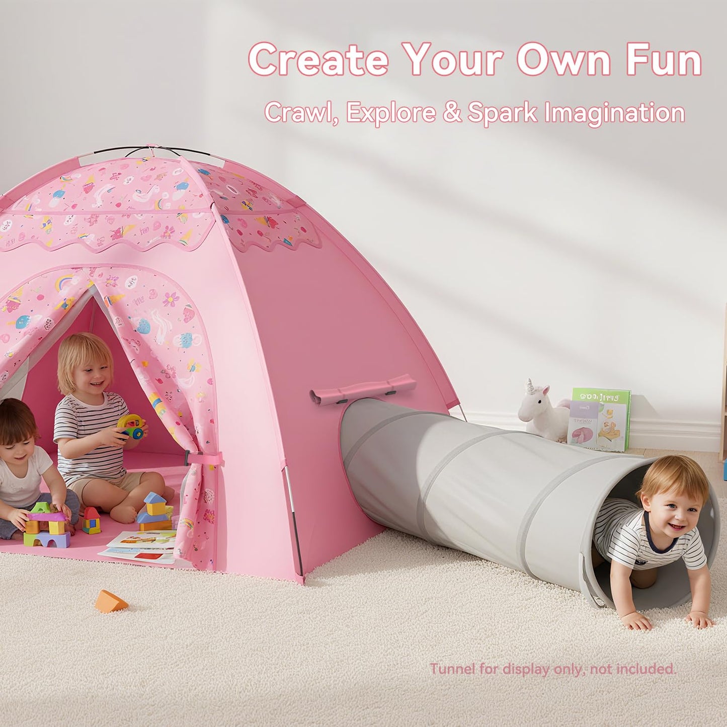 Kids Play Tent, Extra Large Unicorn Playhouse for Girls, 70"x45"x43" Pink Kids Playhouse with Cute Ice Cream & Fruit Prints, Foldable Indoor Play Space, Tunnel-Ready Design, Easy Setup Gift Idea