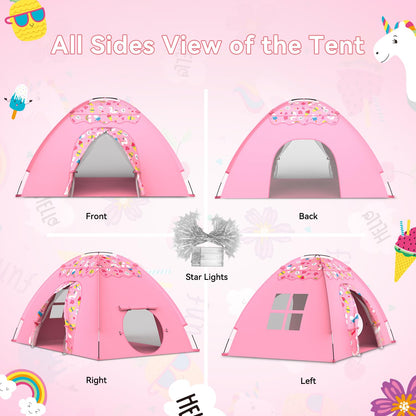 Kids Play Tent, Extra Large Unicorn Playhouse for Girls with Star String Lights, 70"x45"x43" Pink Tent with Ice Cream & Fruit Prints, Foldable Indoor Play Tent, Tunnel-Ready, Easy Setup