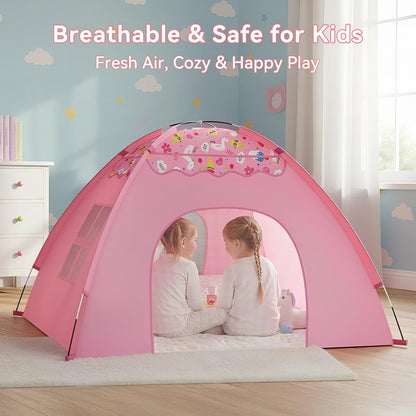 Kids Play Tent, Extra Large Unicorn Playhouse for Girls, 70"x45"x43" Pink Kids Playhouse with Cute Ice Cream & Fruit Prints, Foldable Indoor Play Space, Tunnel-Ready Design, Easy Setup Gift Idea