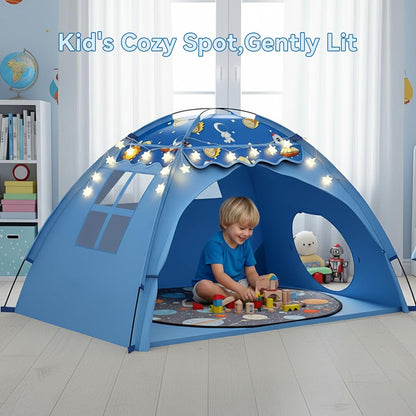 Kids Play Tent, Space Theme Tent with Star String Lights, 70" x 45" x 43" Blue Foldable Playhouse for Boys and Girls, Extra Large House for Imaginative Play,Tunnel Port