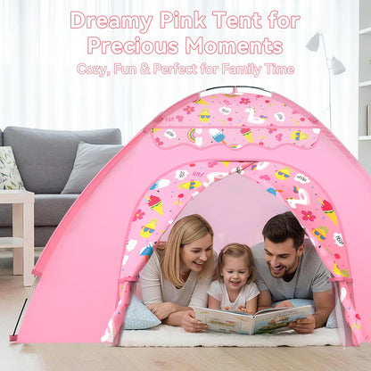 Kids Play Tent, Extra Large Unicorn Playhouse for Girls, 70"x45"x43" Pink Kids Playhouse with Cute Ice Cream & Fruit Prints, Foldable Indoor Play Space, Tunnel-Ready Design, Easy Setup Gift Idea