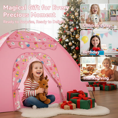 Kids Play Tent, Extra Large Unicorn Playhouse for Girls with Star String Lights, 70"x45"x43" Pink Tent with Ice Cream & Fruit Prints, Foldable Indoor Play Tent, Tunnel-Ready, Easy Setup