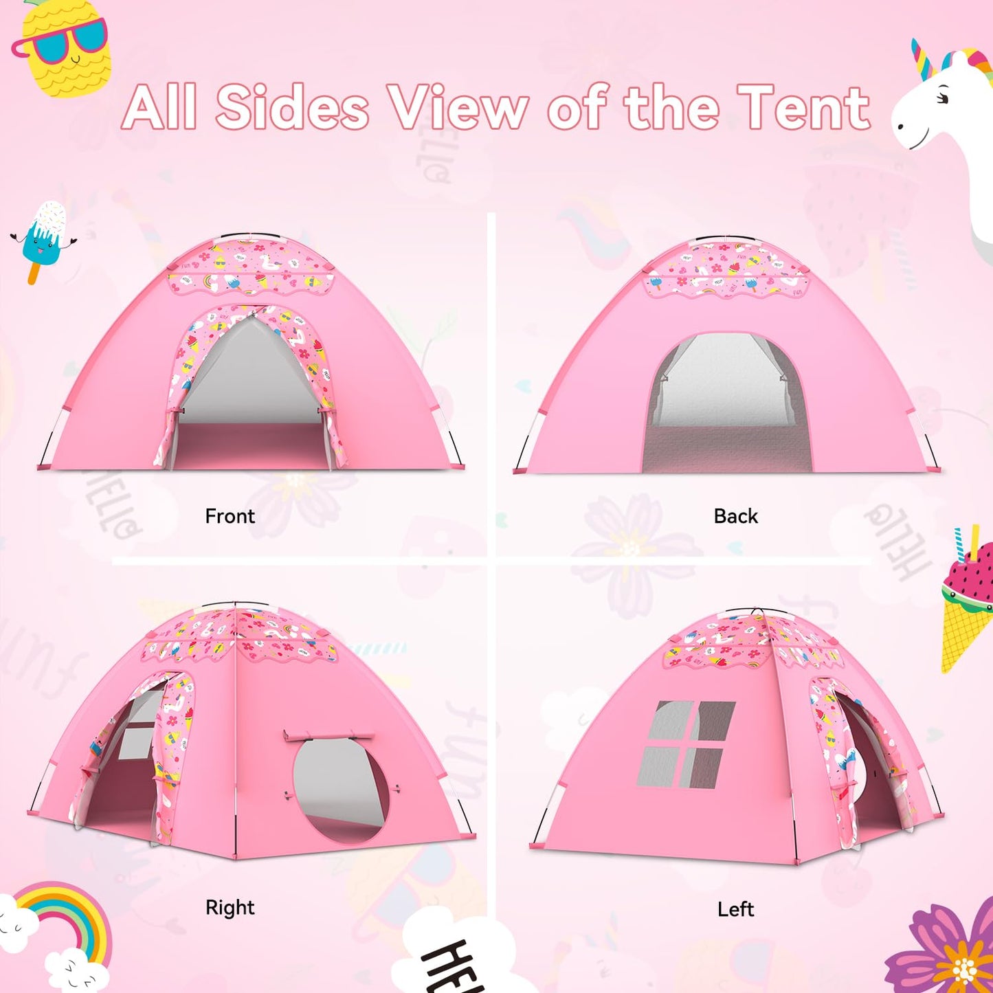 Kids Play Tent, Extra Large Unicorn Playhouse for Girls, 70"x45"x43" Pink Kids Playhouse with Cute Ice Cream & Fruit Prints, Foldable Indoor Play Space, Tunnel-Ready Design, Easy Setup Gift Idea