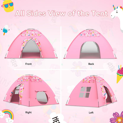 Kids Play Tent, Extra Large Unicorn Playhouse for Girls, 70"x45"x43" Pink Kids Playhouse with Cute Ice Cream & Fruit Prints, Foldable Indoor Play Space, Tunnel-Ready Design, Easy Setup Gift Idea