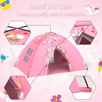 Kids Play Tent, Extra Large Unicorn Playhouse for Girls, 70"x45"x43" Pink Kids Playhouse with Cute Ice Cream & Fruit Prints, Foldable Indoor Play Space, Tunnel-Ready Design, Easy Setup Gift Idea