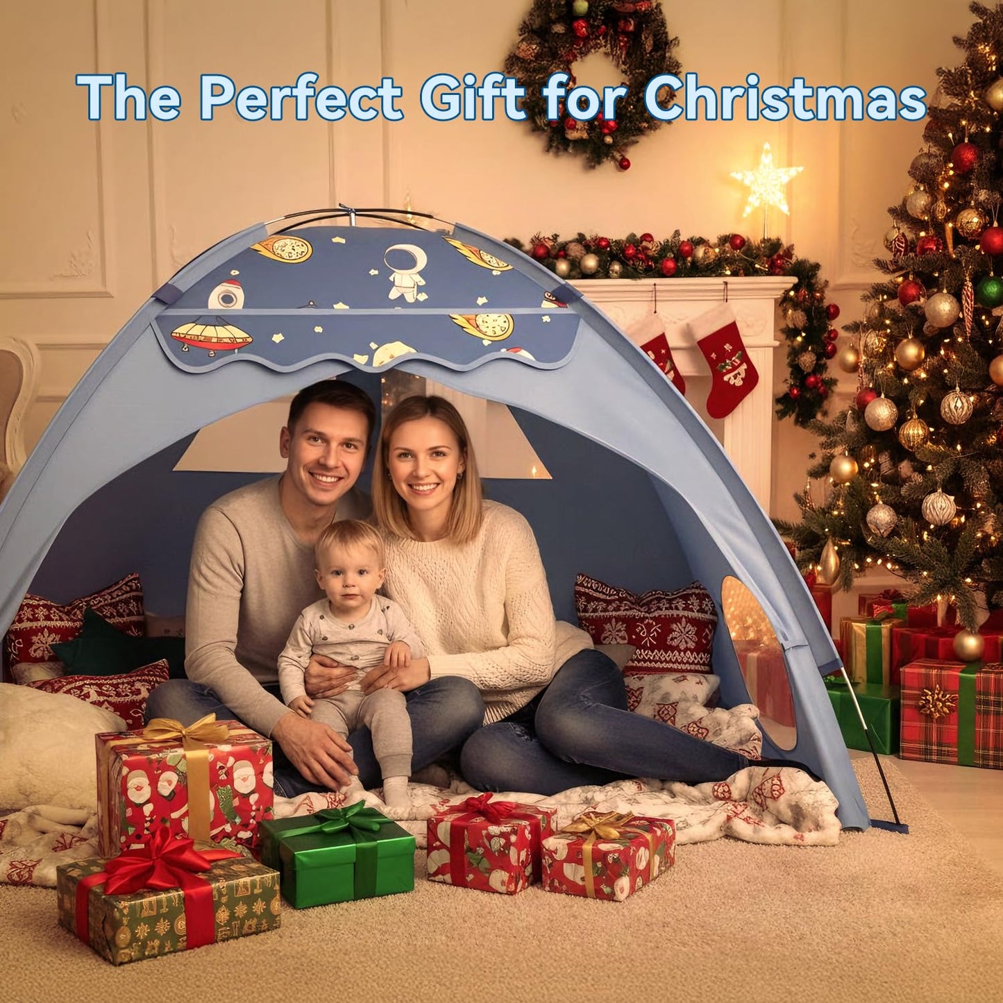 Kids Play Tent, Space Theme Tent with Star String Lights, 70" x 45" x 43" Blue Foldable Playhouse for Boys and Girls, Extra Large House for Imaginative Play,Tunnel Port